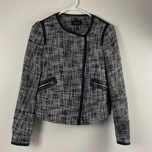 Karen Millen Fun Tweed Moto Jacket Blazer Black White Zip Leather trim US Size 6